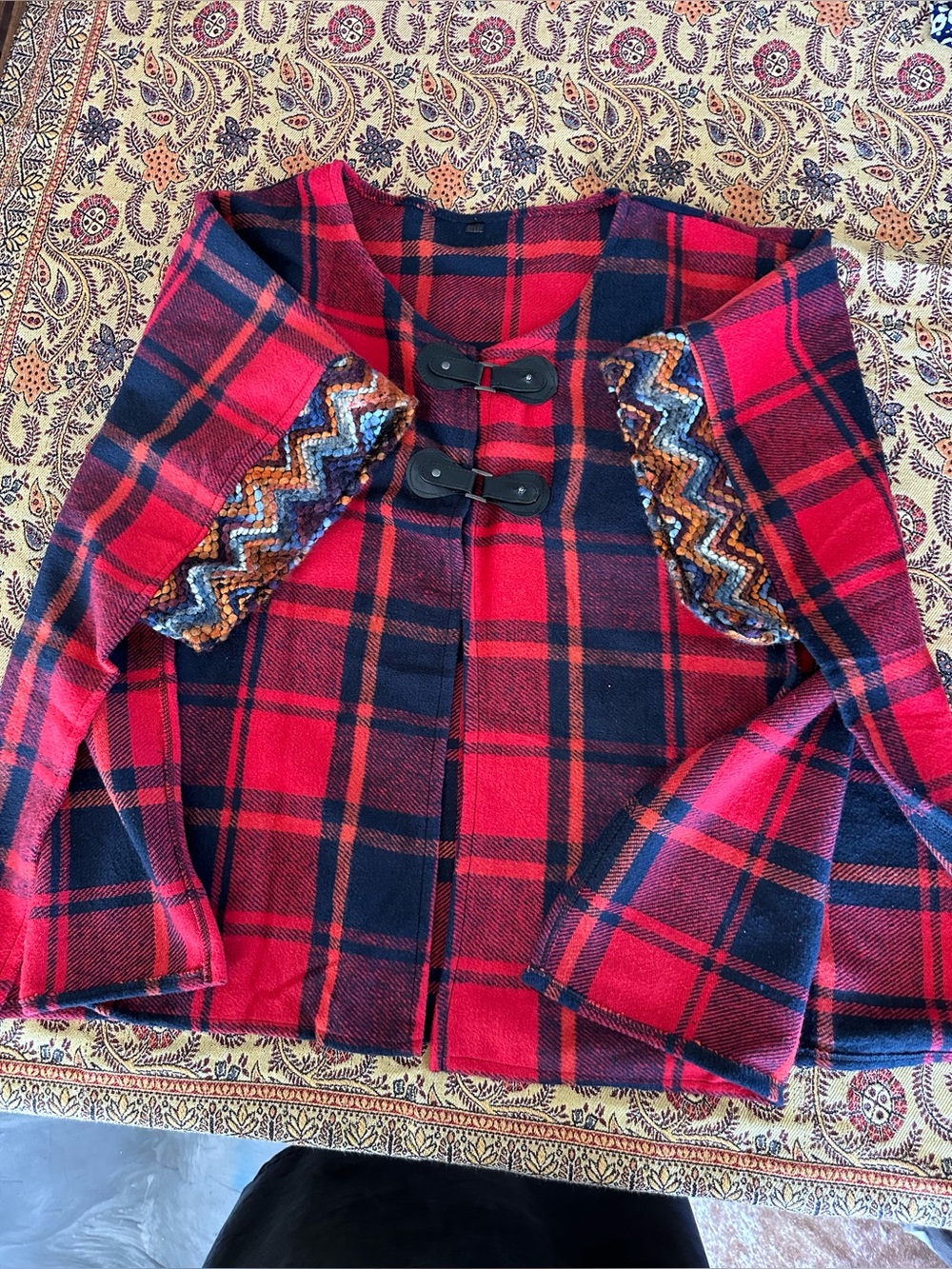 Red Plaid Toggle Front Cape with Embroidered Detail - Unbranded
